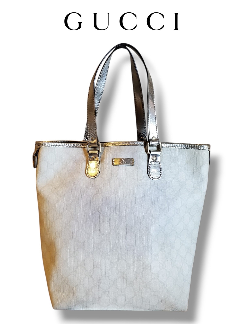 Gucci GG Supreme Canvas Tote Metallic Gold Leather 189896 Vintage Shoulder Bag